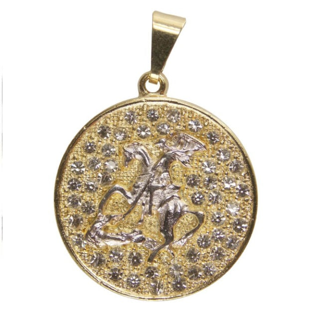 Brazilian São Jorge Saint Gold Plated Pendant w/ Strass Religious Collectible
