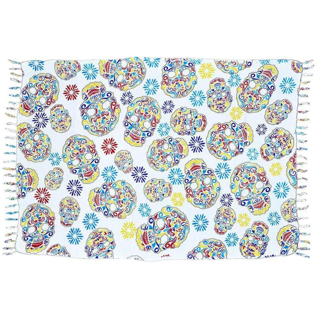 Floral Mexican Skull White Canga Beach Towel Sarong Polyester