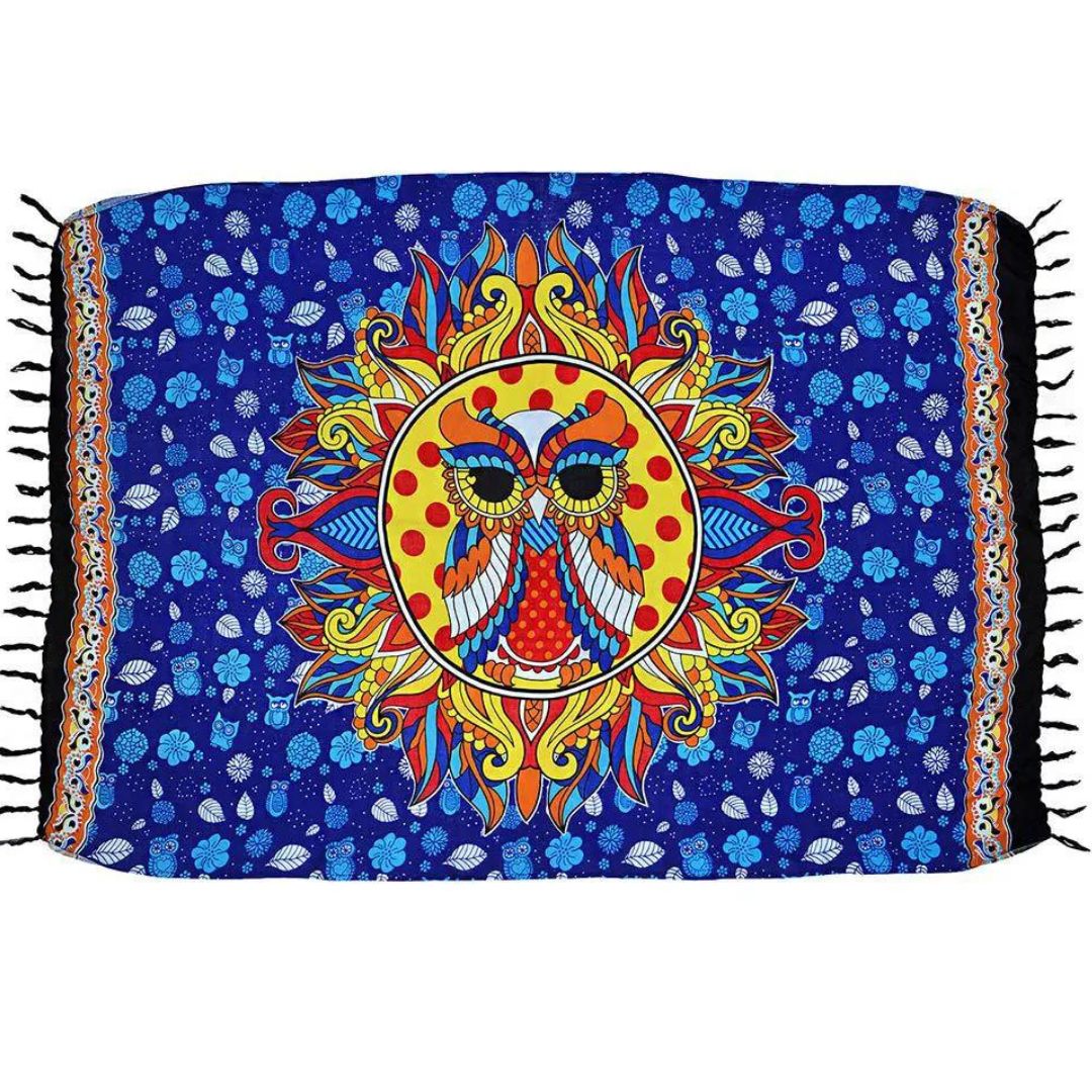 Mandala Owl Blue Canga Beach Towel Sarong Polyester Beachwear
