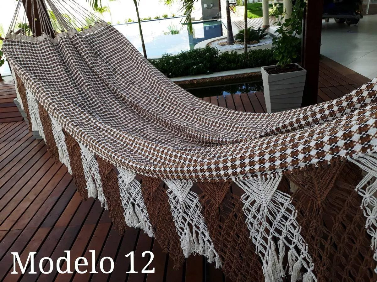 Brown & White Nailhead Pattern Luxury Hammock with macrame - 14ft x 5ft - Brazil