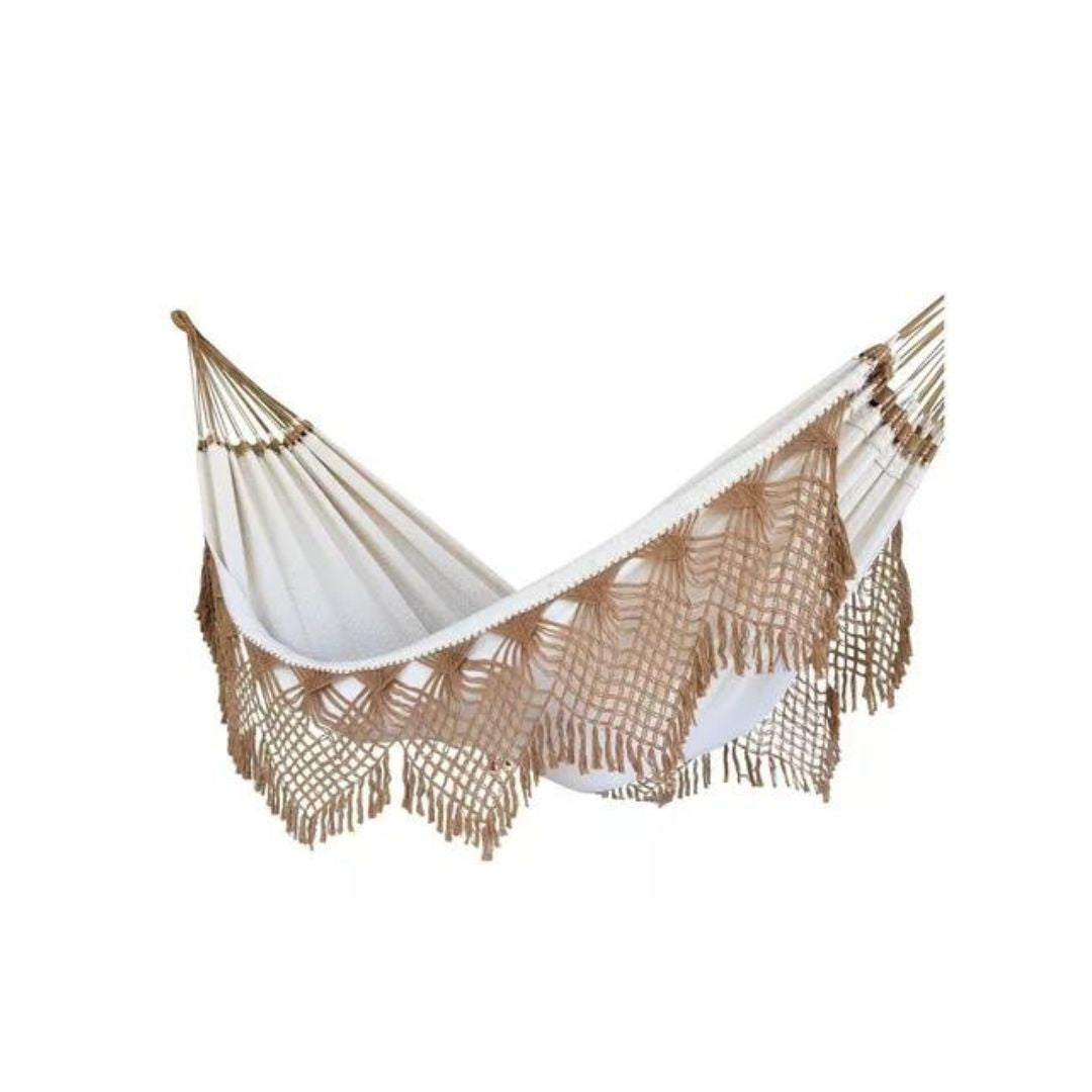 Luxury Couple Giant Hammock Rest Sleep w/ Macrame Caramel Raw Cru 4.4m x 1.52m