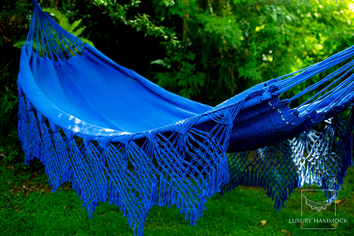 Blue Luxury Hammock with macrame - 14ft x 5ft - Brazilian Premium Double Handmade w/ Natural Cotton
