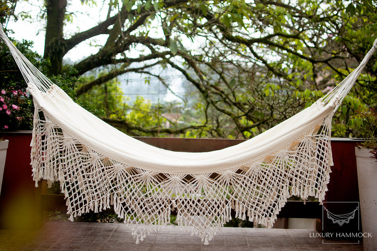 White Luxury Hammock with macrame - 14ft x 5ft - Brazilian Premium Double Handmade w/ Natural Cotton