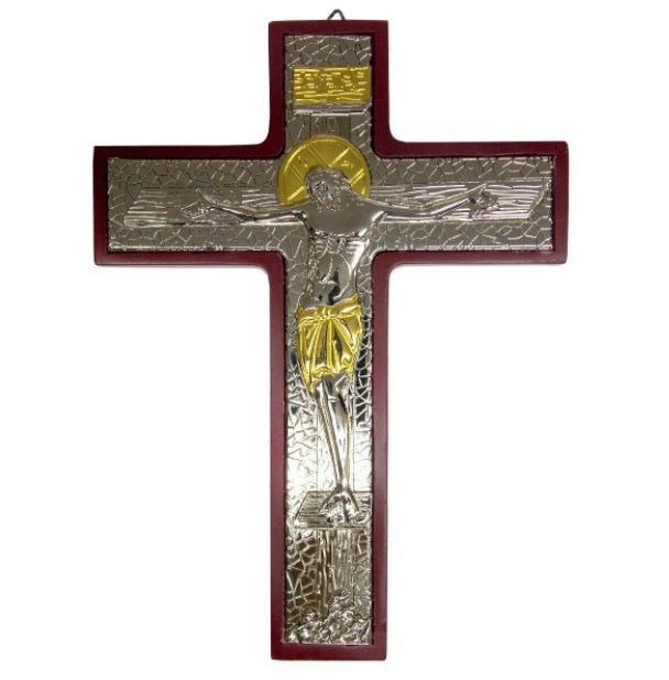Brazilian Original Silver Wood Crucifix Golden Details 22cm Religious Collectible