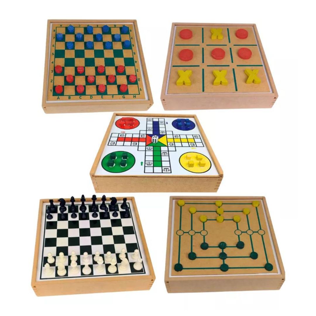 5 in 1 Board Game Kids Ludo Chess Checkers Tic Tac Toe Jogo da Velha Zaramela