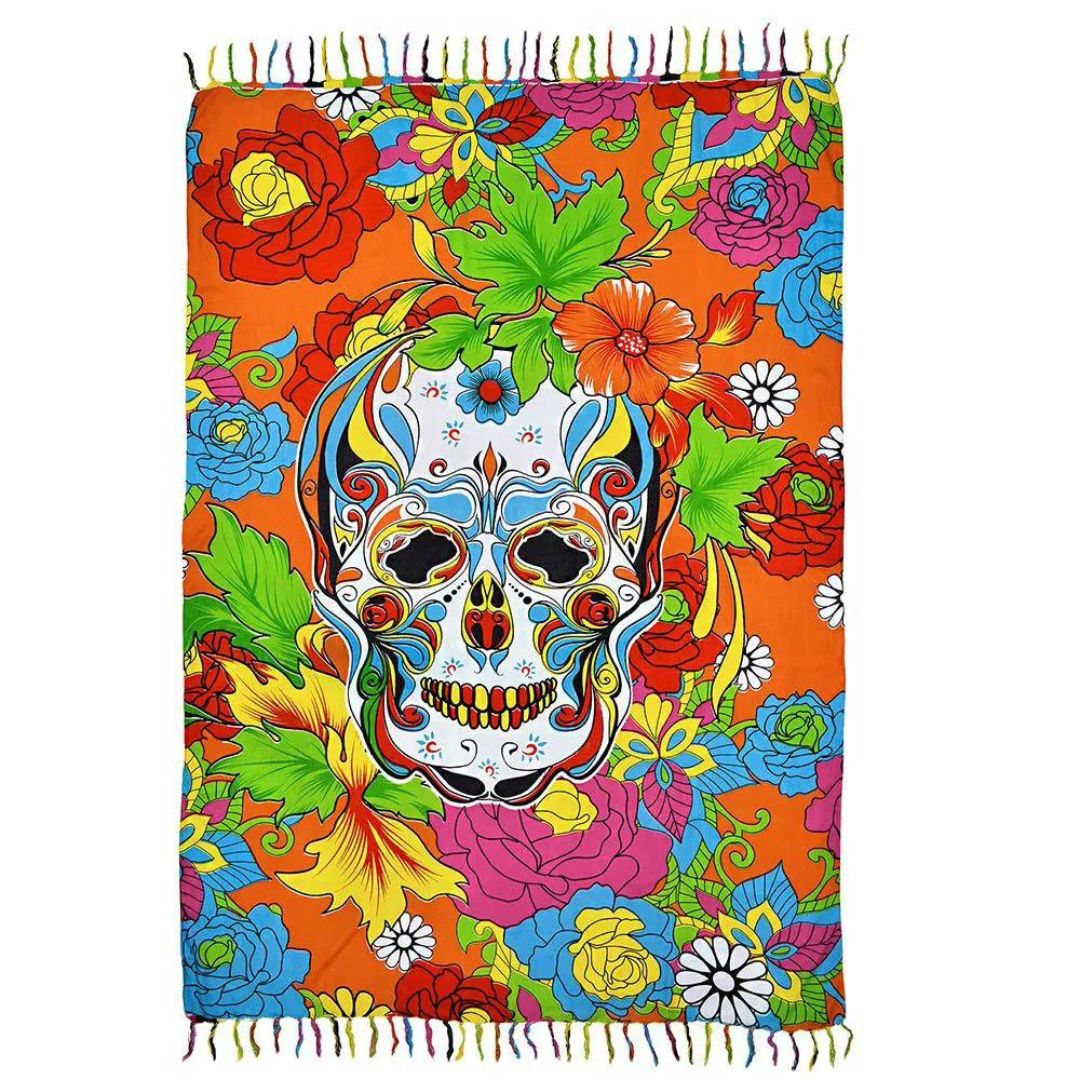 Floral Mexican Skull Orange Canga Beach Towel Sarong Polyester